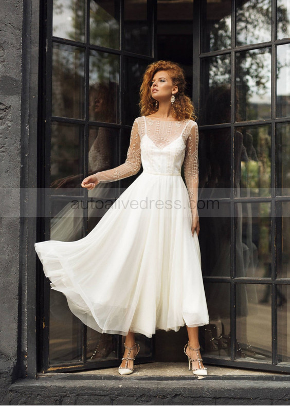 Gold Lace Ivory Tulle Tea Length Wedding Dress